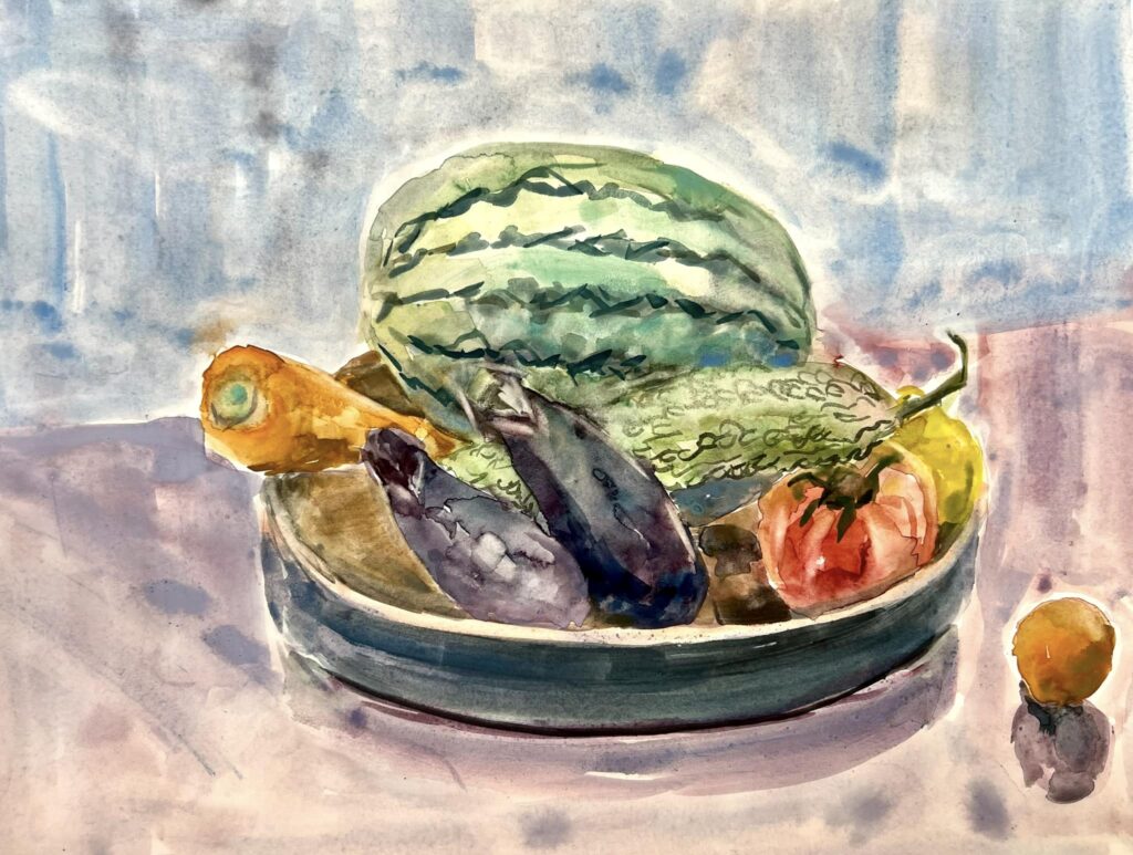 野菜と果物の水彩静物画 サイズは45.5✕53cm 果物の静物画 油彩画 果実