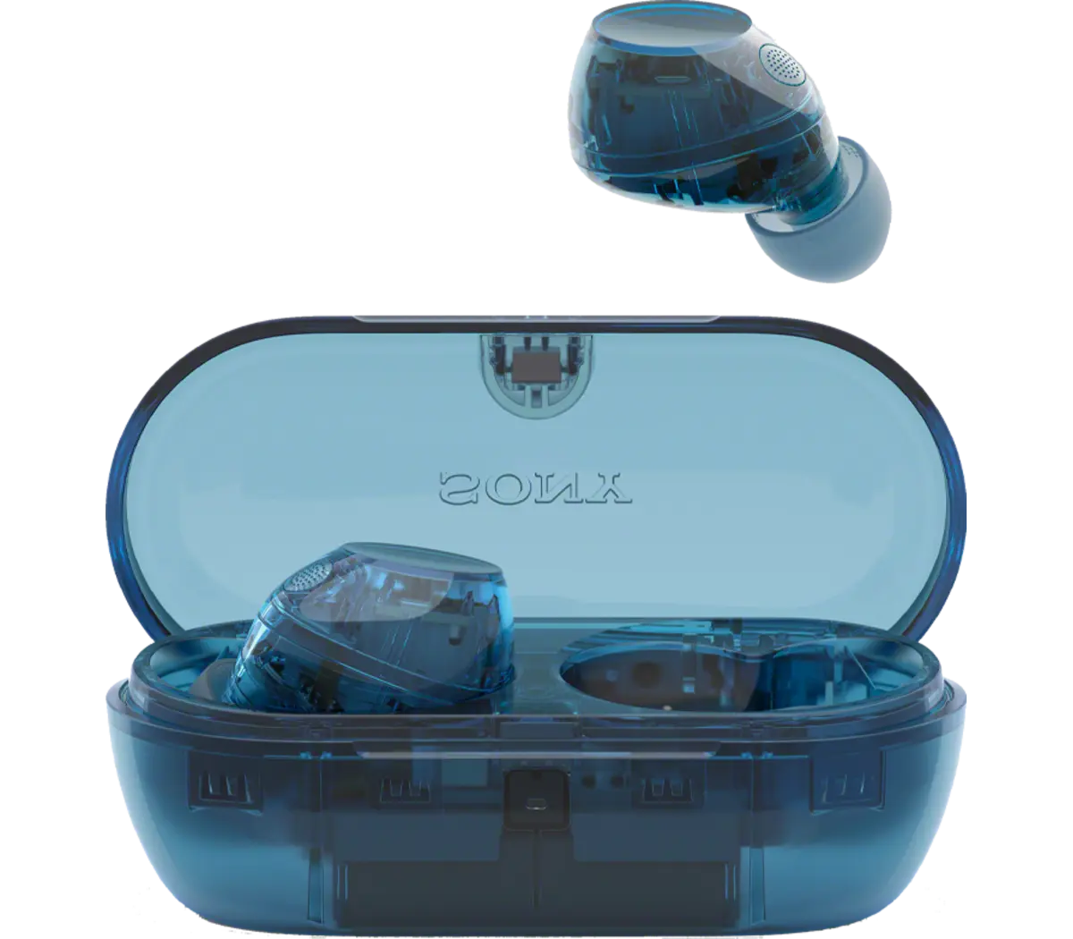 ソニーが海外発表したスケルトン仕様のグラスブルーの 新型NC対応完全