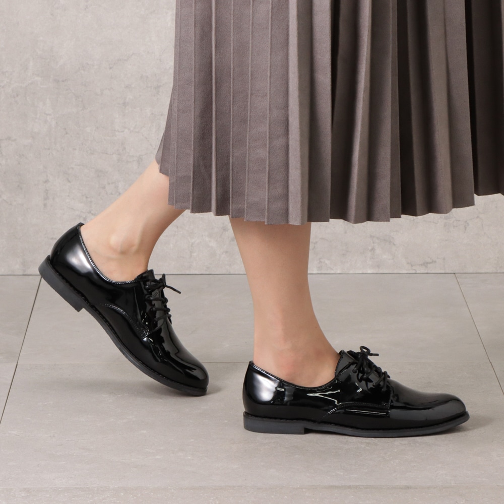 gather ギャザー レースアップシューズ レディース ブラック×エナメル