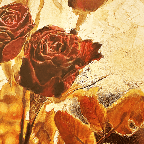 逆光の金色の光に包まれる6本の赤黒いバラのドライフラワーの花束 (F4