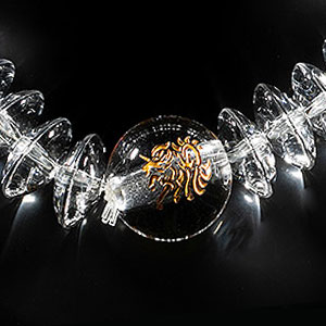 麒麟+四神 念珠ブレスレット 本水晶 金彫り 金 ゴールド 木箱付