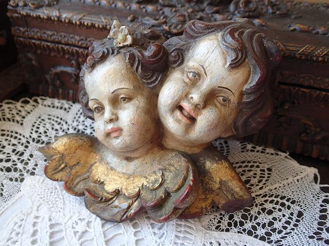 双子天使顔羽つき壁掛けオブジェ】【プッティ】ドイツ・アンティーク