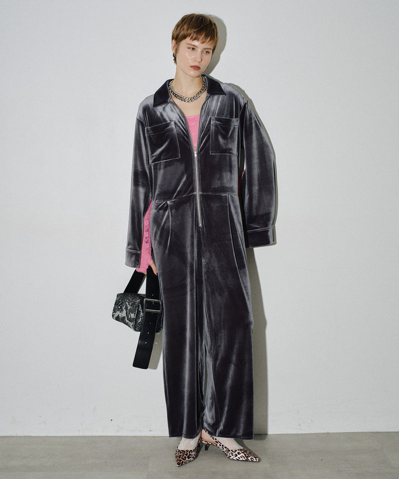 yae】Fastener slit velours jumpsuit / ファスナースリットジャンプ