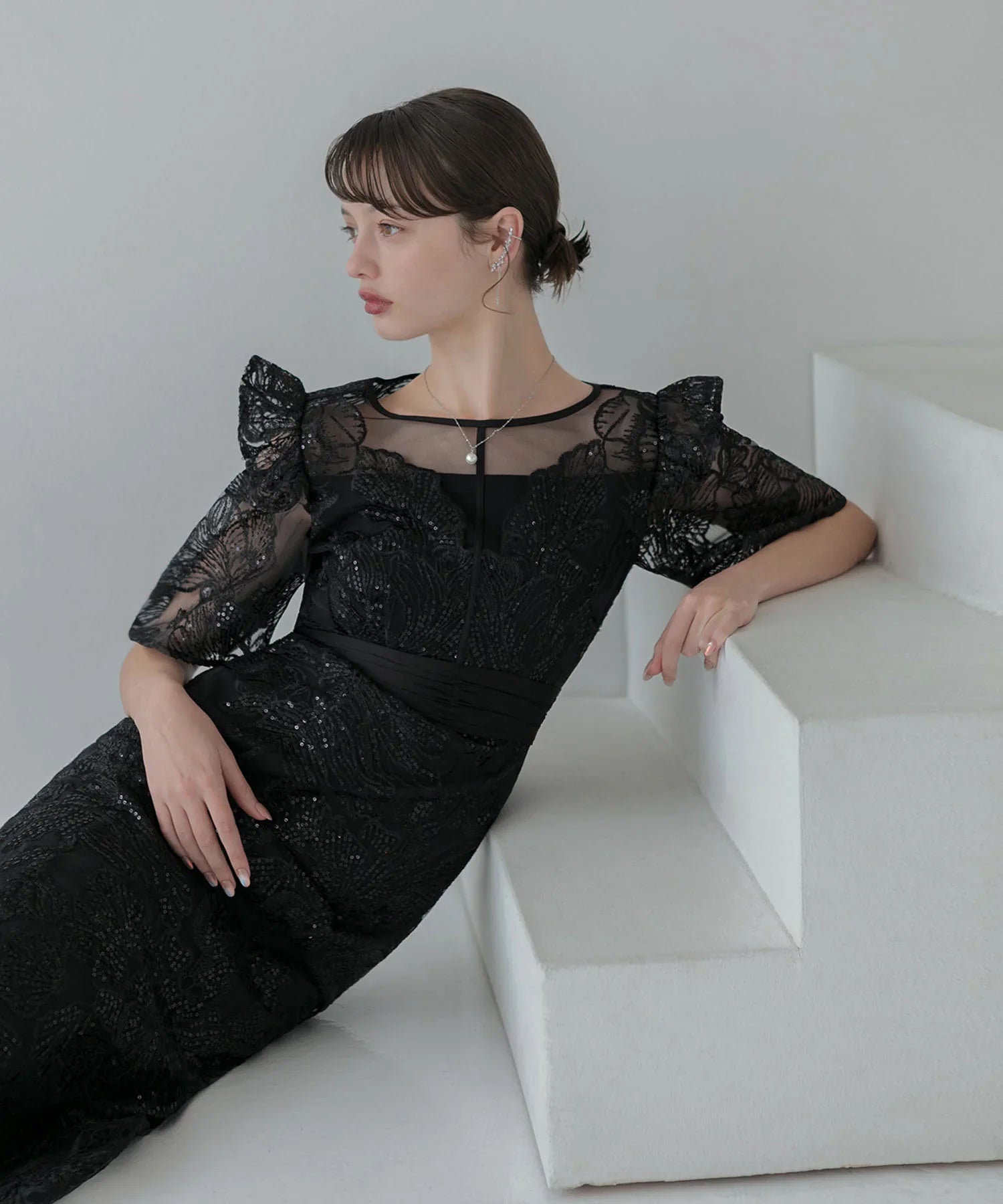 一部当日発送】フラワーレースシアーフリルマーメイドワンピース結婚式