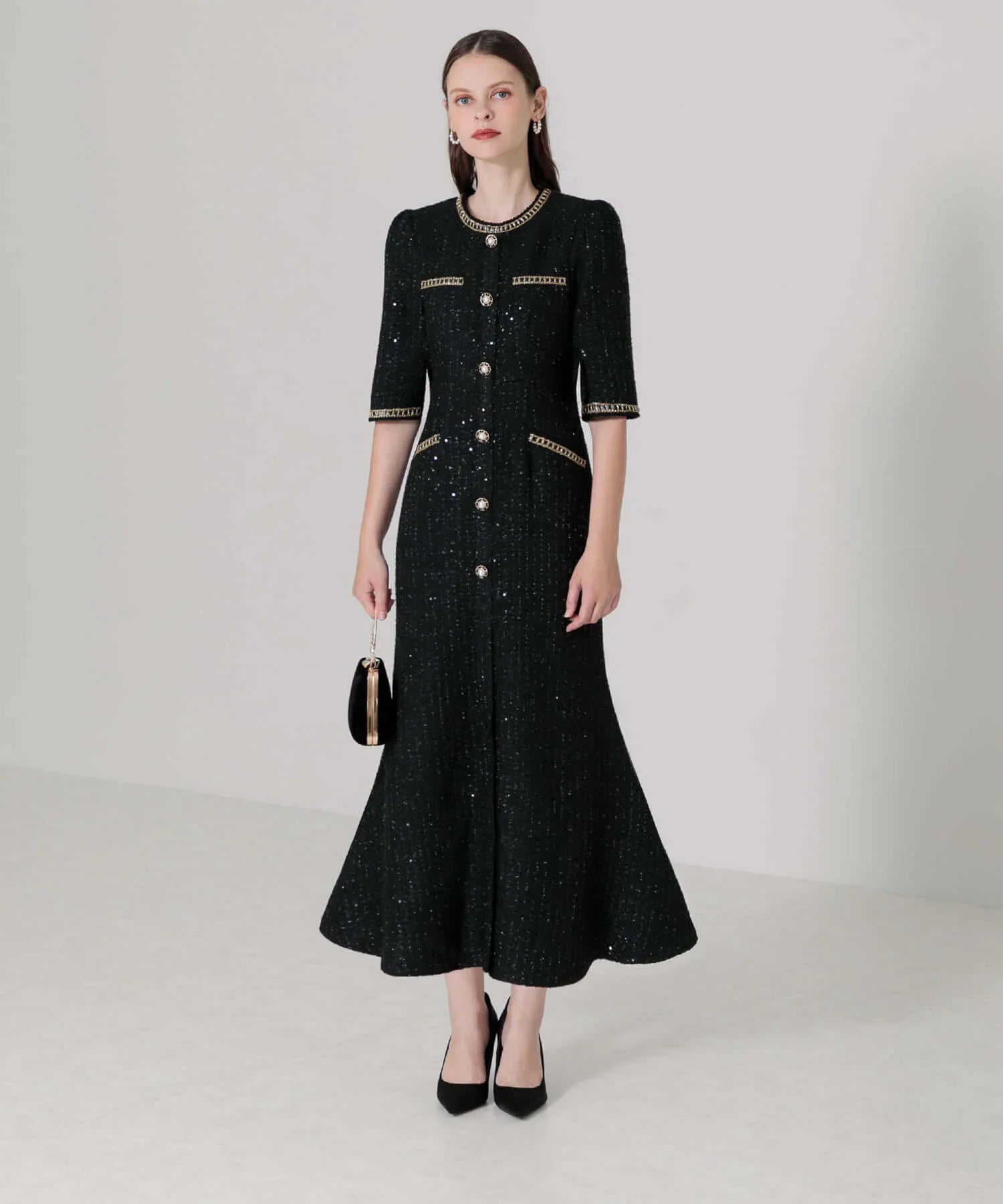 当日発送】ラメツイードレザーパイピングパールマーメイドワンピース