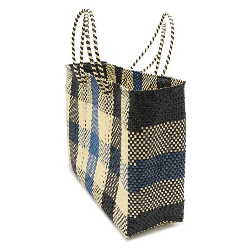 MERCADO BAG - 3 COLORS CHECK - Metallic Blue / Cream / Black (L