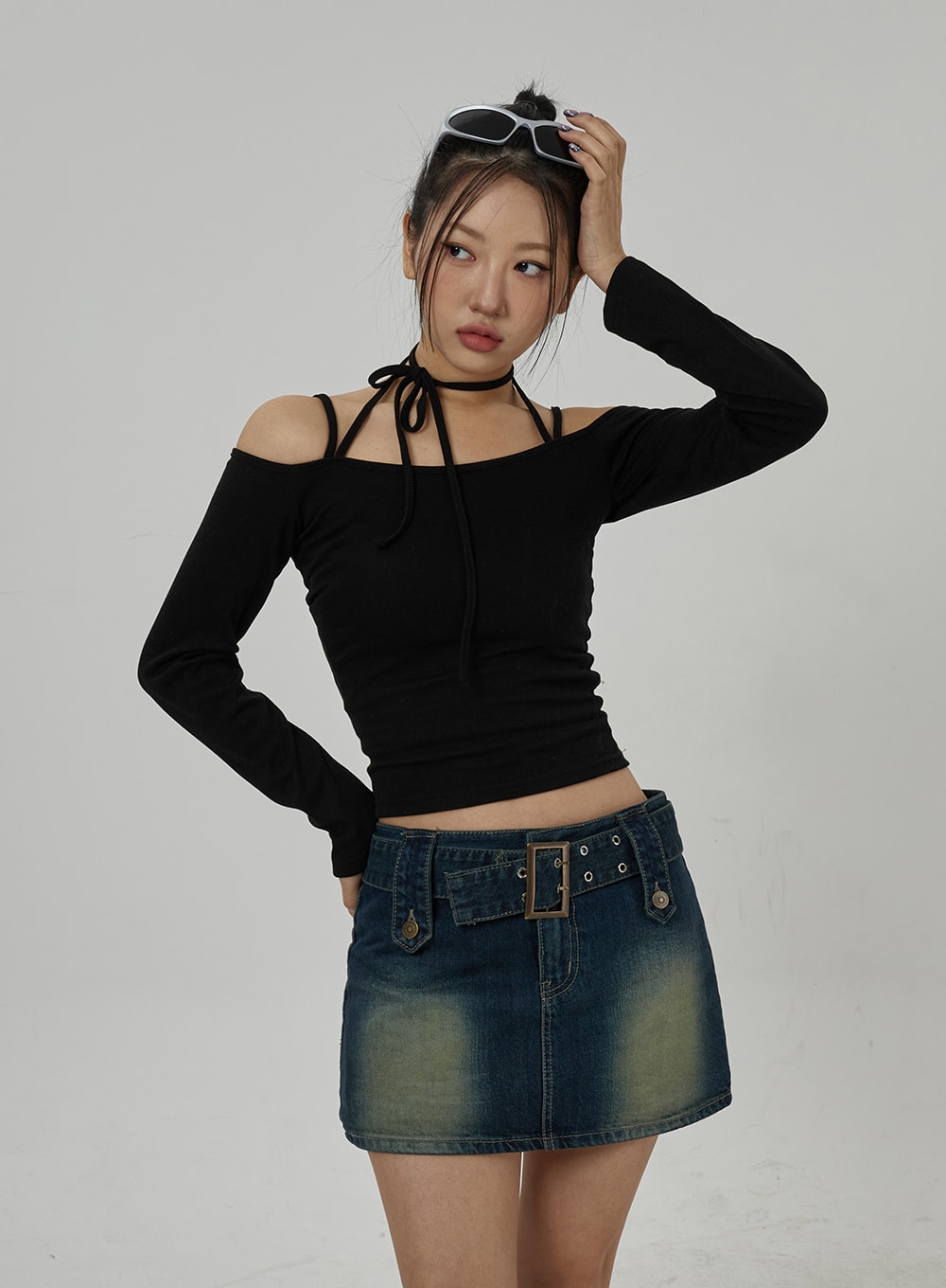 Neck Ribbon Detail Long Sleeve Cropped Top CD21 - Korean Women's