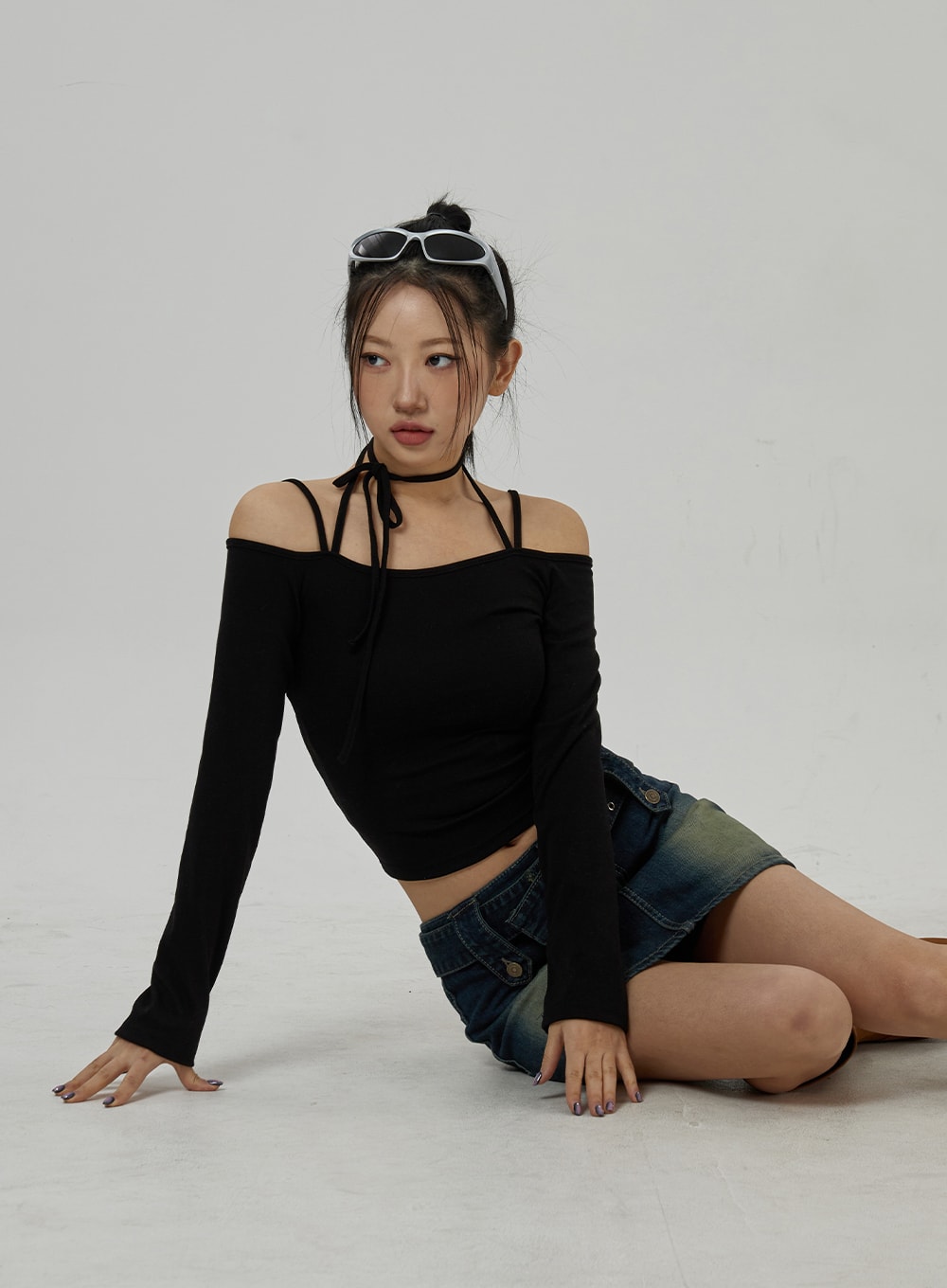 Neck Ribbon Detail Long Sleeve Cropped Top CD21 - Korean Women's