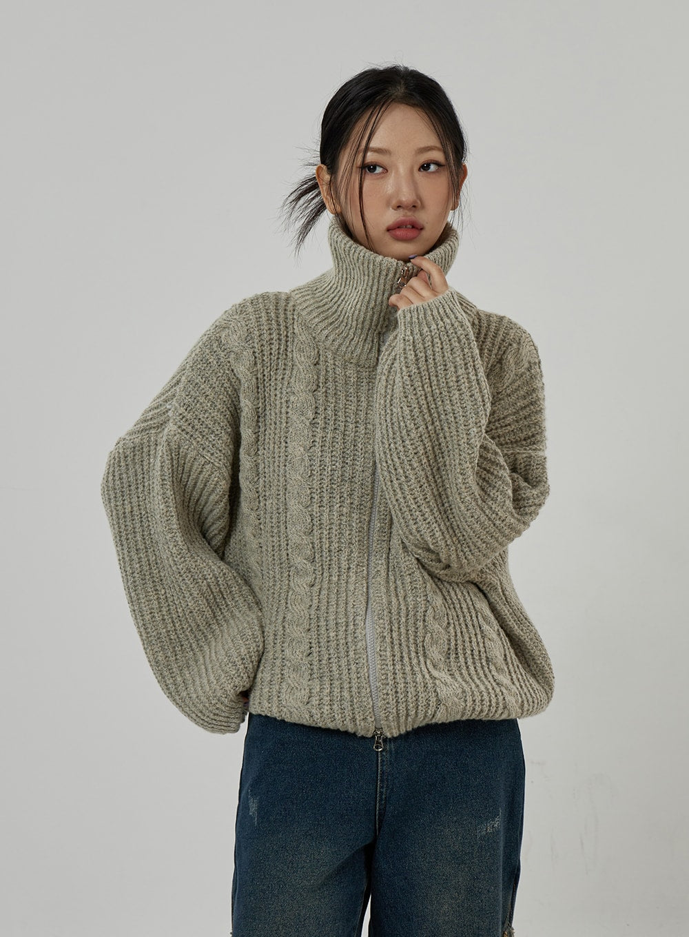 Twist Pattern Two Way Zipper Knit Cardigan CD20 - Korean Women's