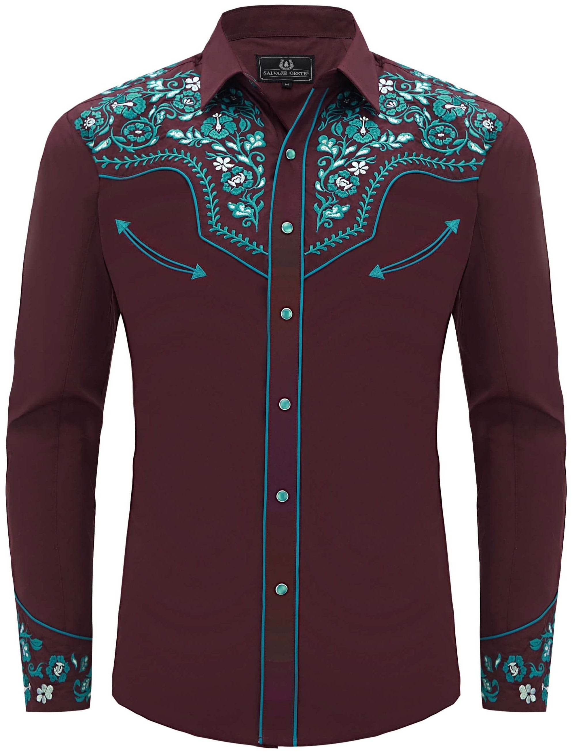 Men's Purple Embroidered Western Cowboy Shirt with Pearl Snaps