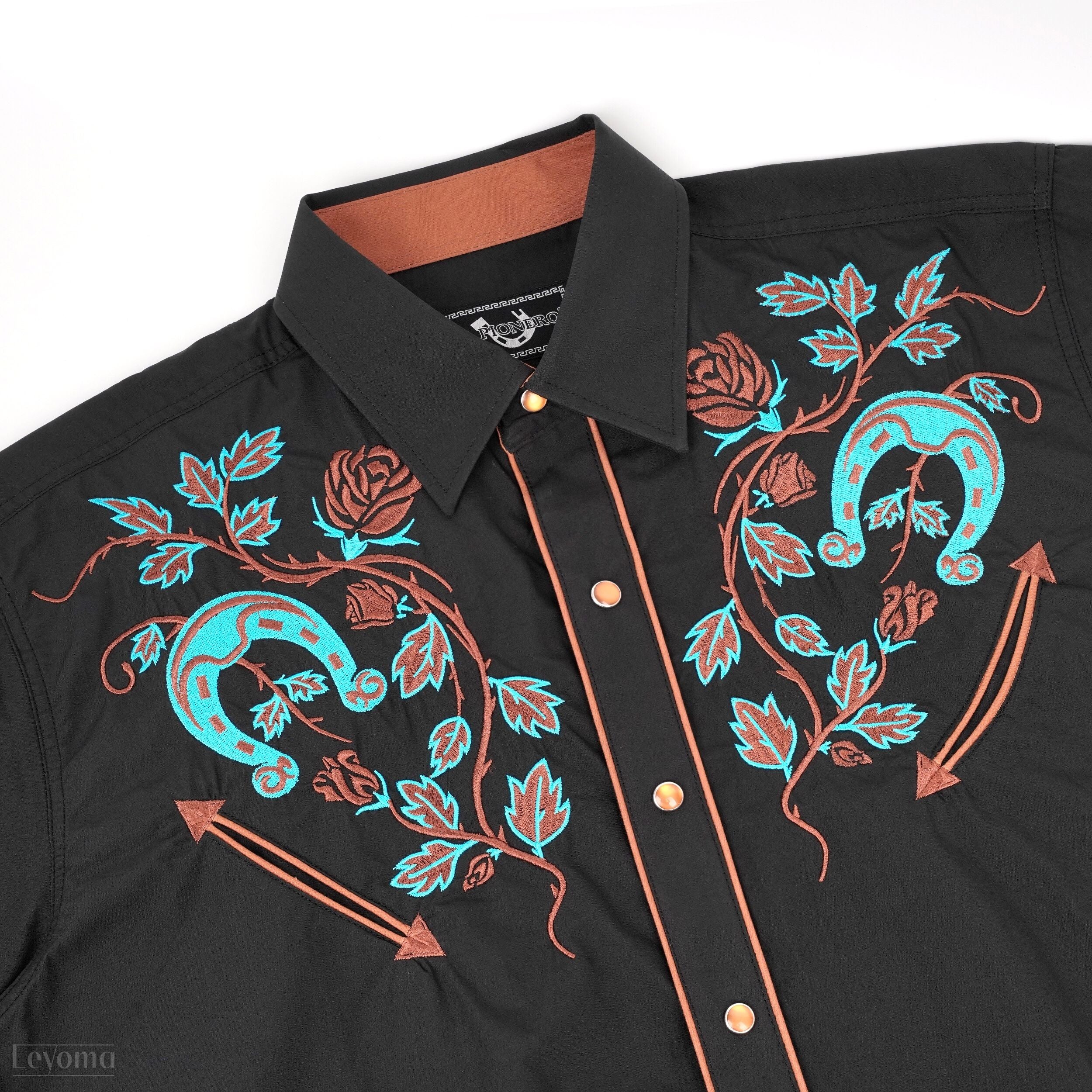 Men's Black & Orange Embroidered Western Cowboy Shirt – Leyoma