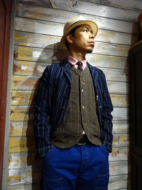 New！ FREEWHEELERS ”CONDUCTOR VEST” BROWN RANDOM STRIPE : OLD