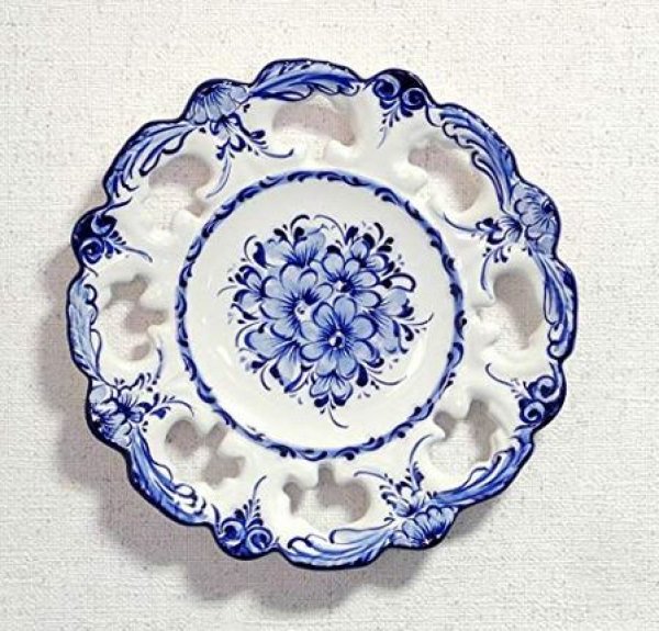 ポルトガル製 輸入雑貨 絵皿 壁飾り 陶器 花柄 ホワイト ブルー 透かし