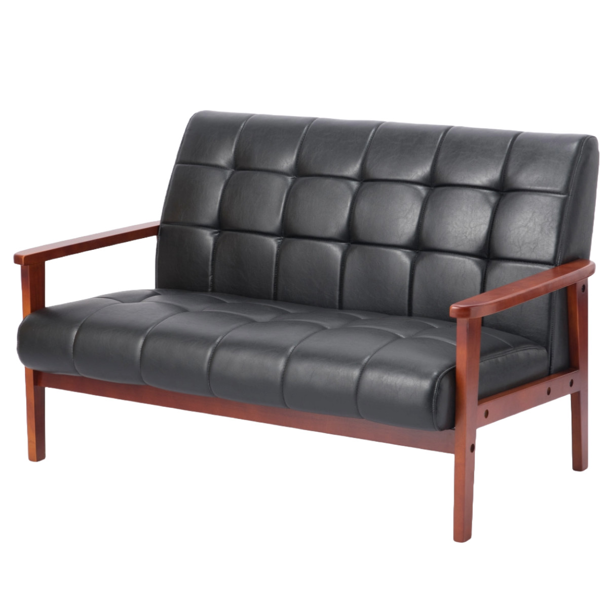 ソファ 2人掛け 幅122cm 木肘 レザーブラック ラニット （ PVCレザー