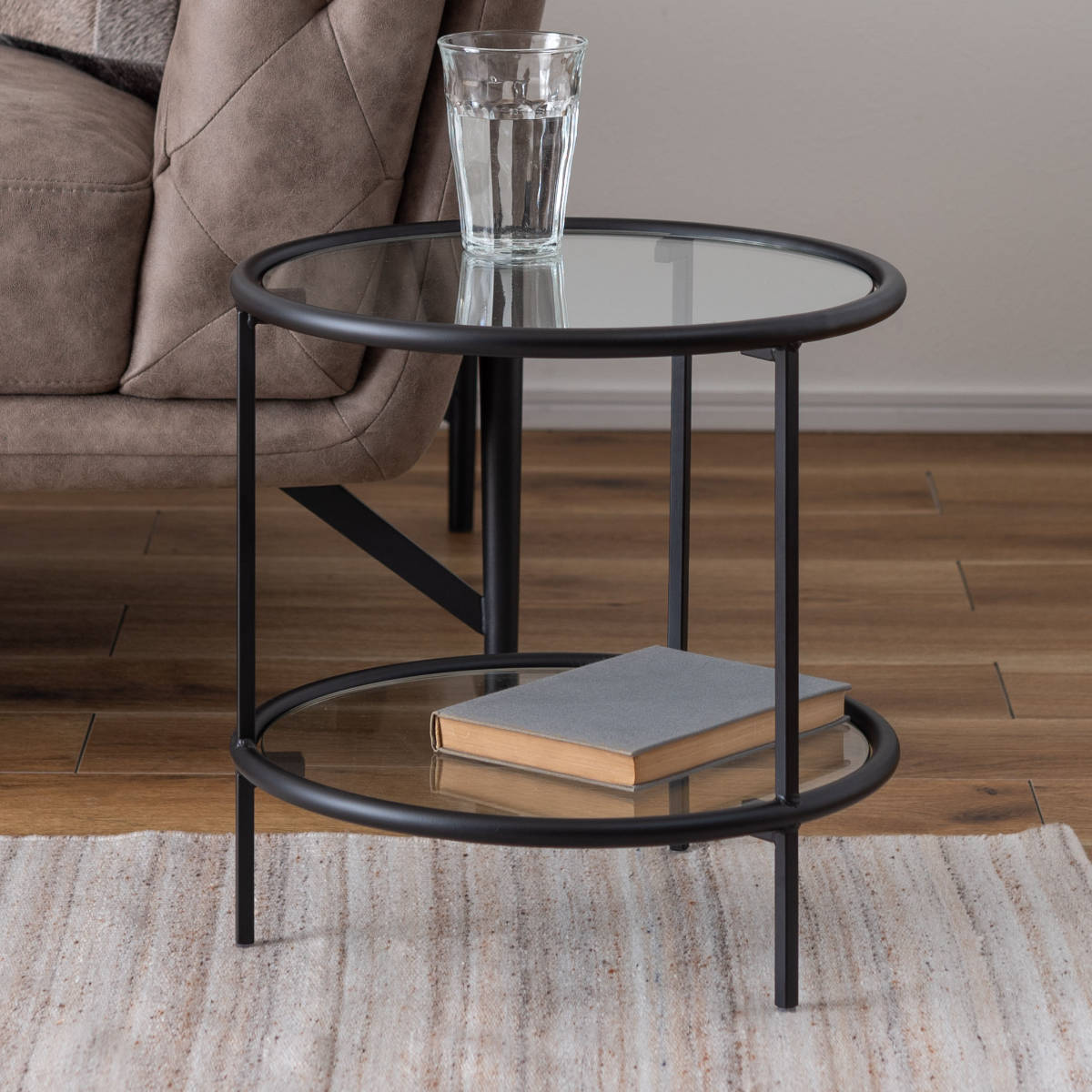 サイドテーブル 円型 高さ38.5cm 2段 ラウンドガラステーブル2D