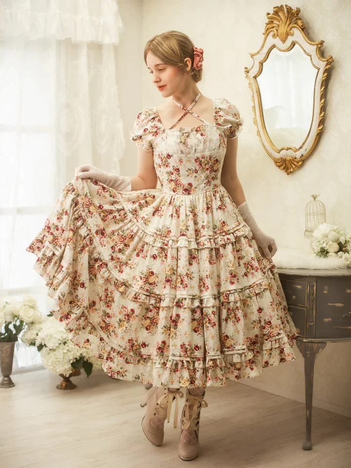 Rococo Bouquet Print Tiered Long OP by Victorian Maiden