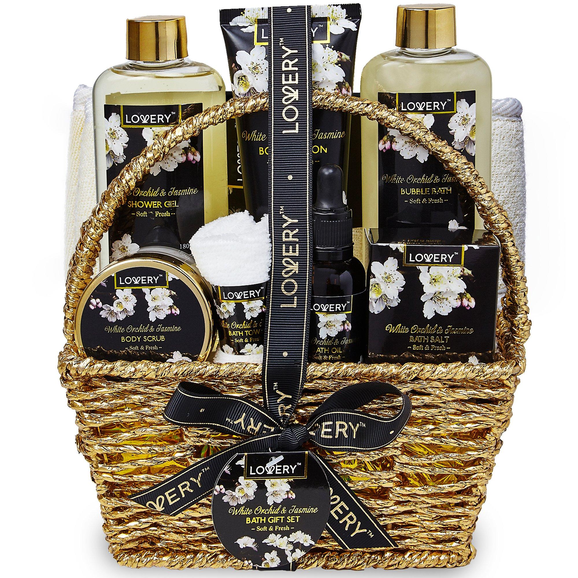 White Orchid Home Bath Set, 8pc Bath Gift Basket for Her - Lovery