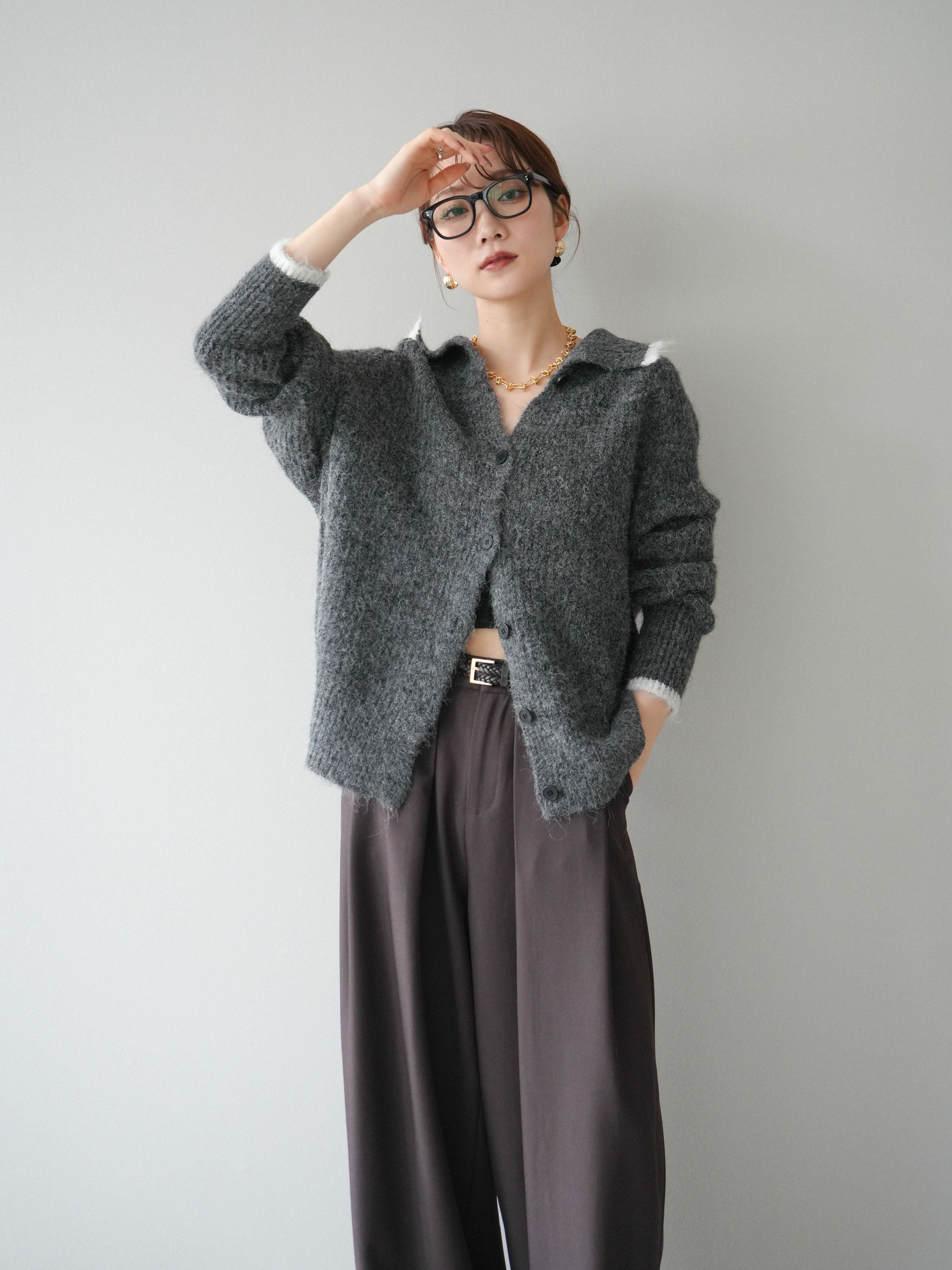 予約]襟付きバイカラーミックスニットカーディガン/gray – Lumier