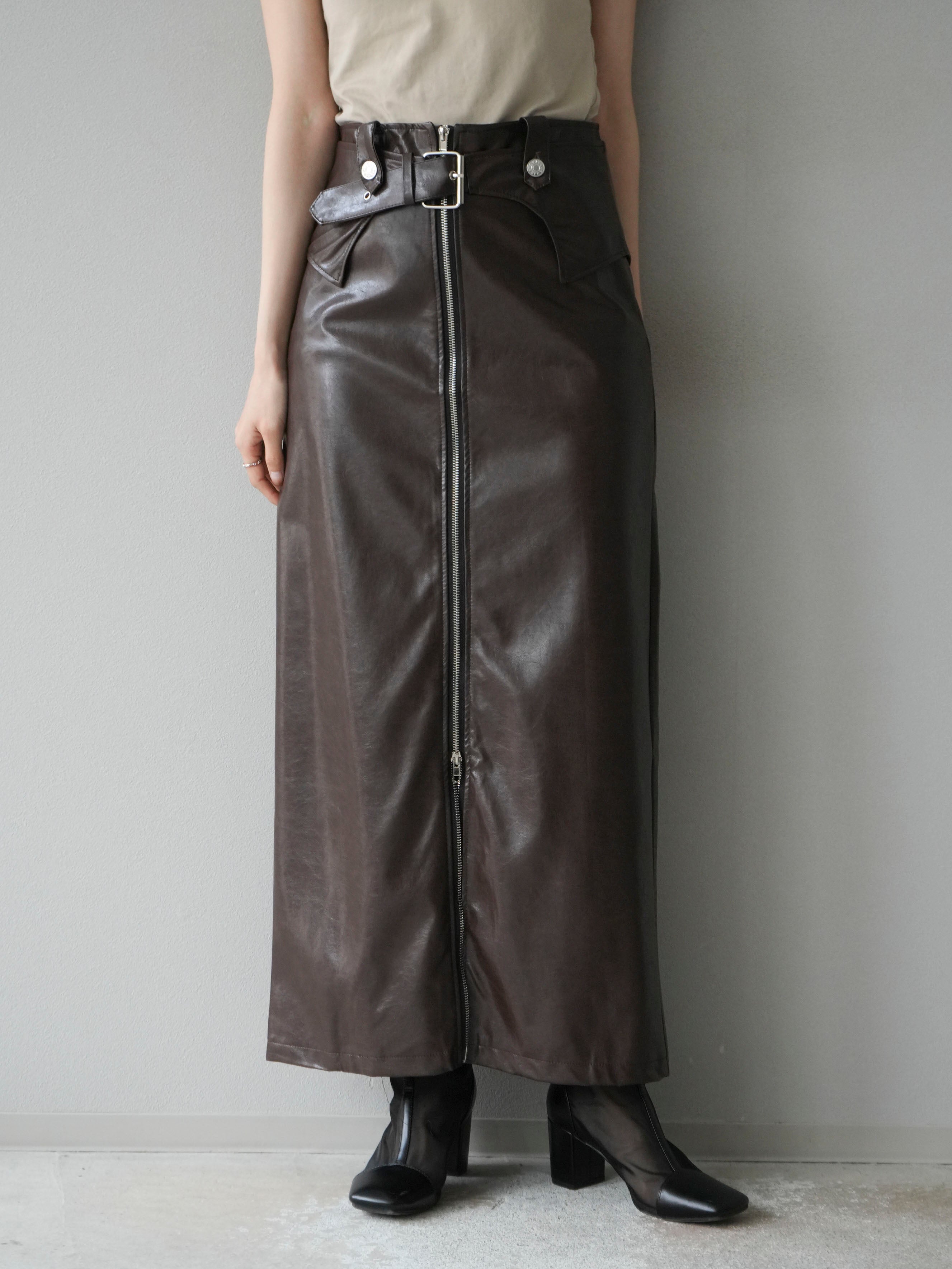 予約]ベルトデザインレザータッチZIPタイトスカート/ブラウン – Lumier