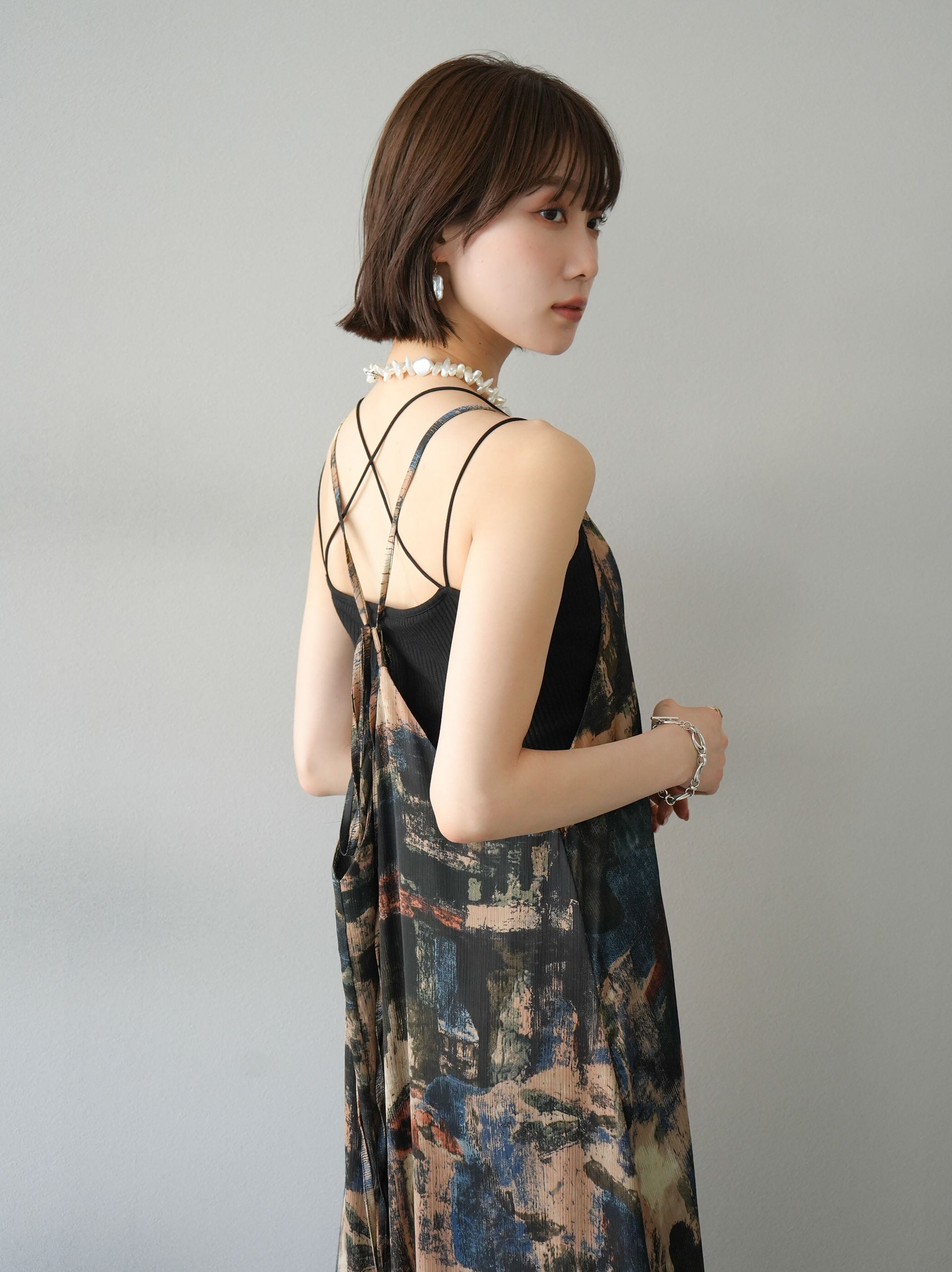 SET]ニュアンス柄バッククロスキャミワンピース+ダブルストラップ