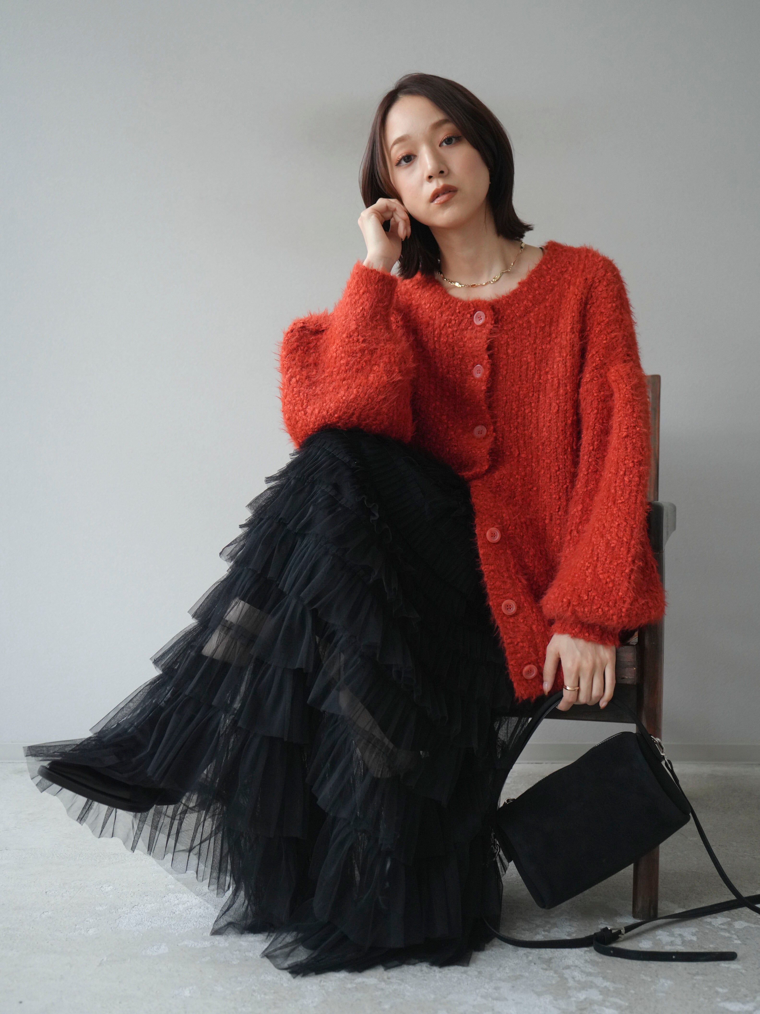 予約]クルーネックランダムシャギーカーディガン/レッド – Lumier