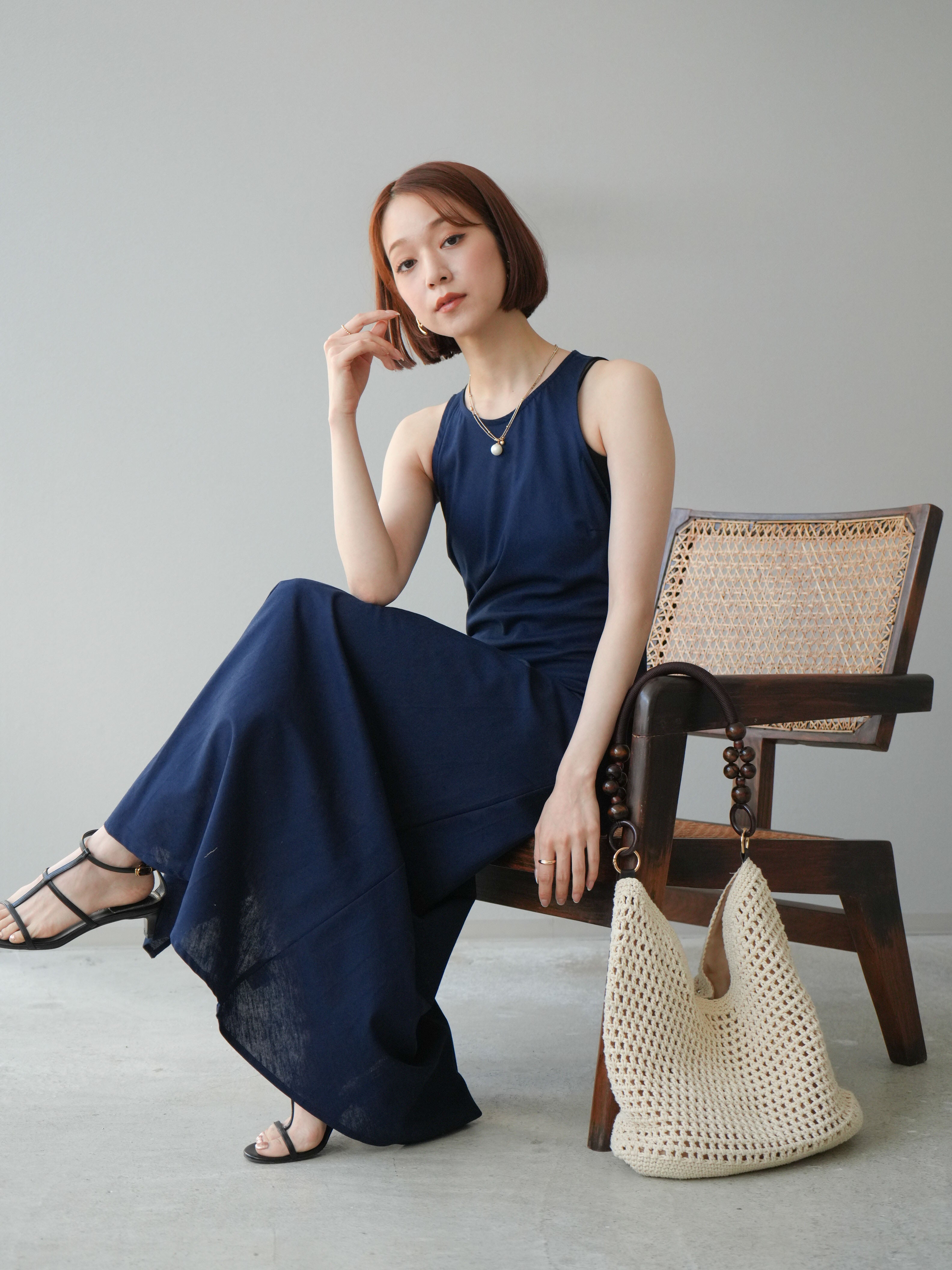 予約]リネンタッチノースリーブワンピース/ネイビー – Lumier