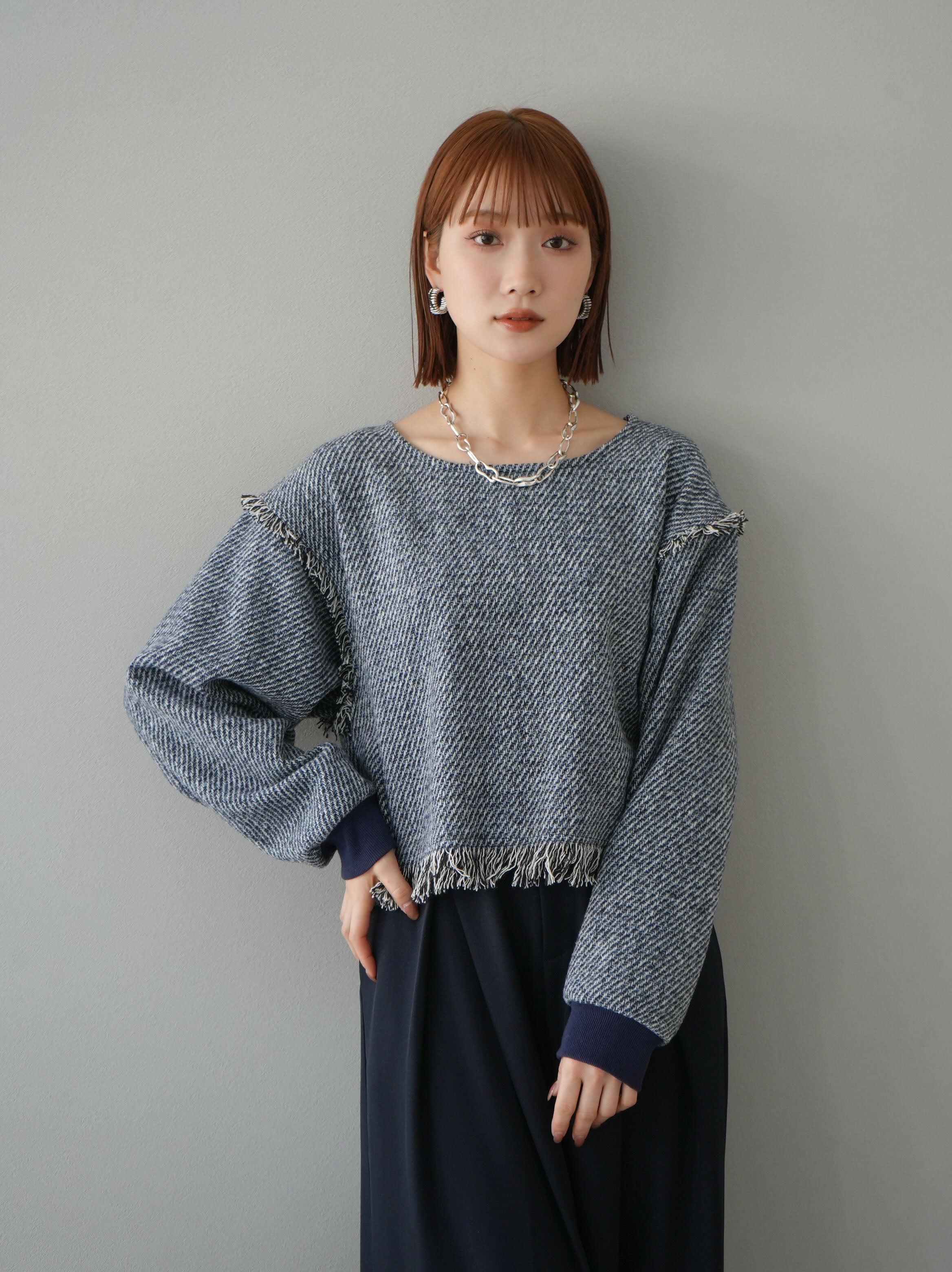 予約]ツイードフリンジプルオーバー/ブルー – Lumier