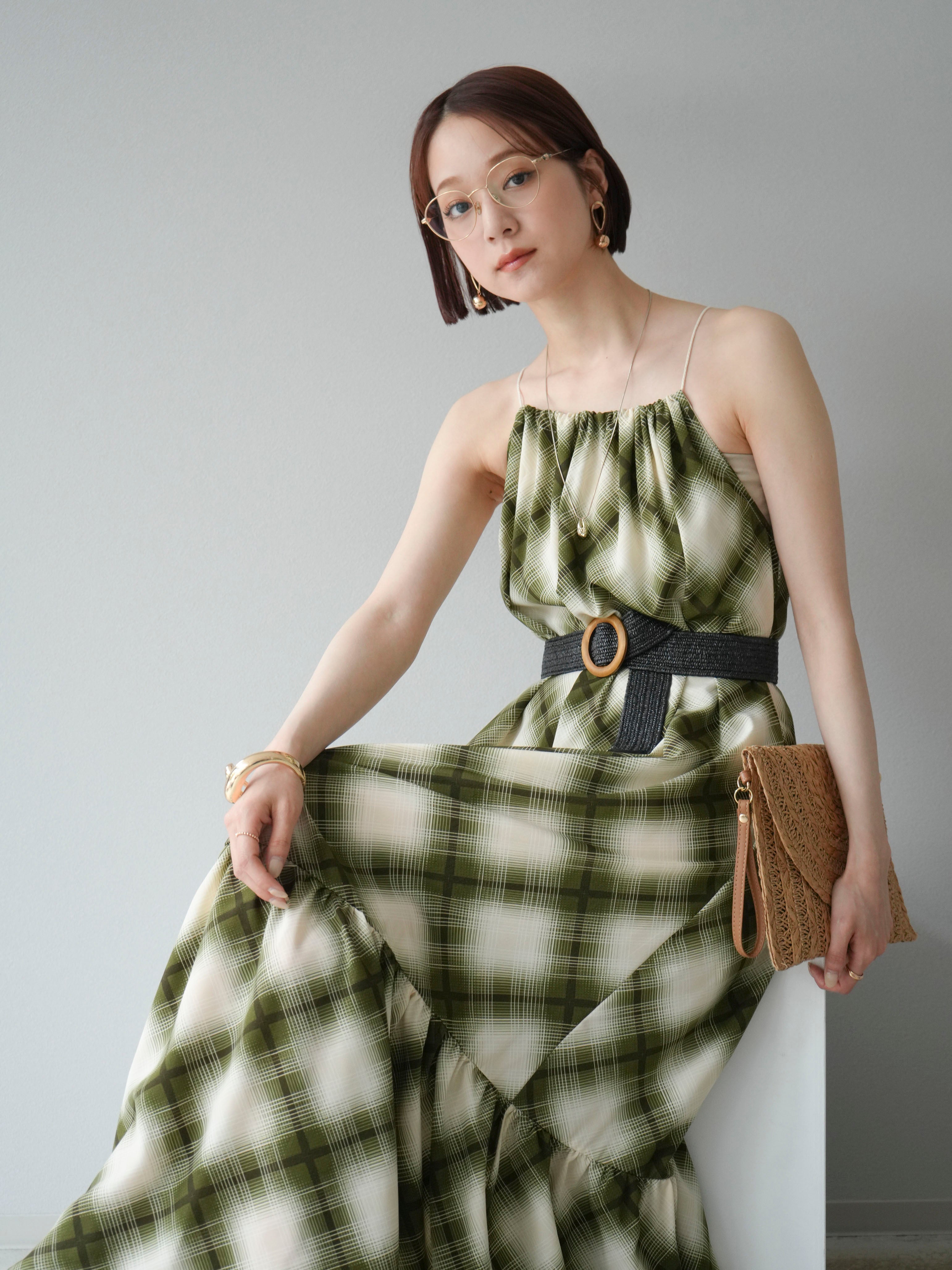 SET]ベルト付チェックノースリーブワンピース+ベルト付チェック