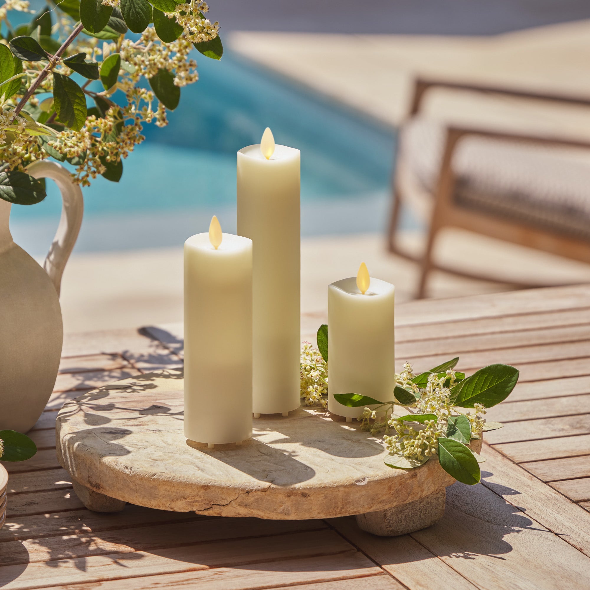 Pearl Ivory Outdoor Candle Slim Pillars w/ Flame – Luminara