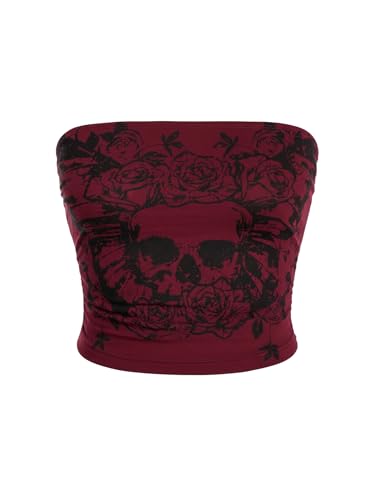 SOLY HUX Women's Y2k Goth Tube Crop Top Skull Print Strapless