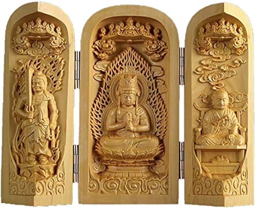 Amazon｜【仏像】 柘植木彫り 置物 三開仏 【真言宗三尊：大日如来