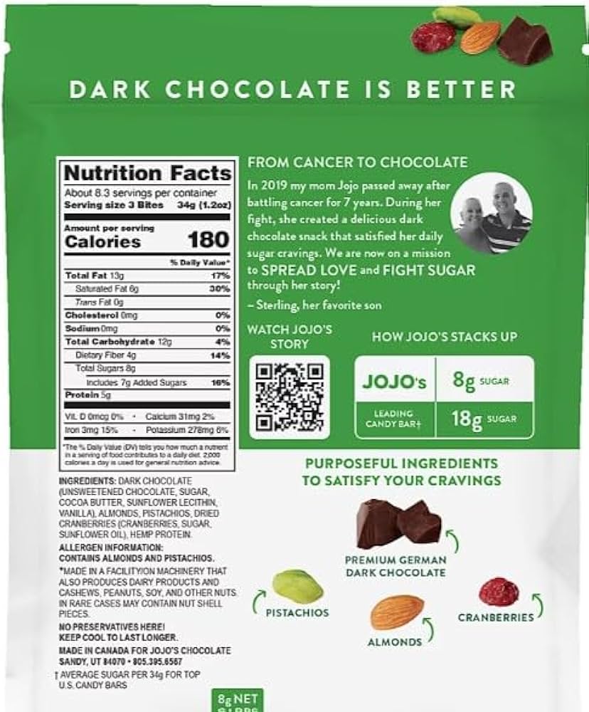 Amazon.com: JOJO's Dark Chocolate Pistachio, Almond, Cranberry
