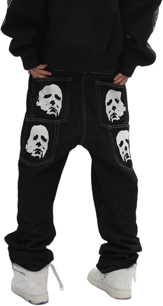 Harajuku Men's Jeans Bone Print Jeans Street Fashion Print Loose