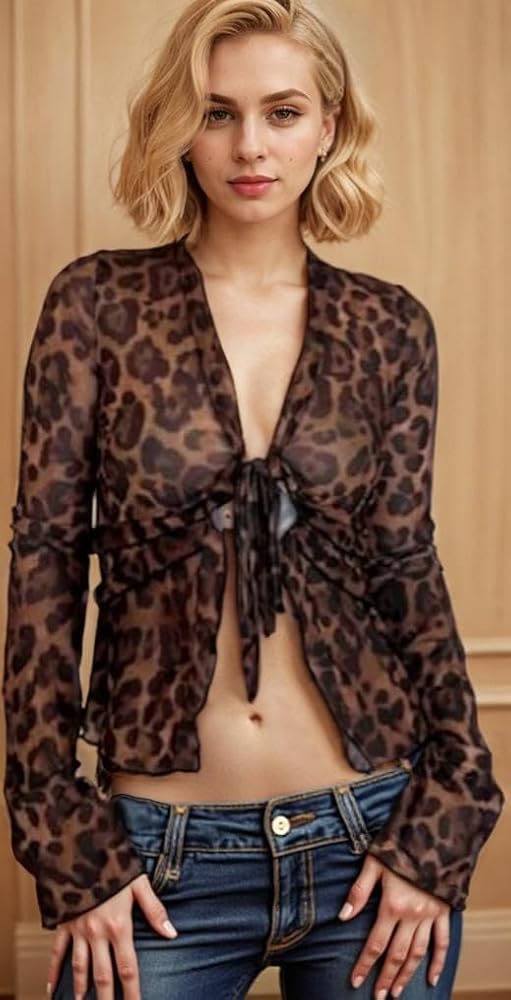 QIISEVEN See Through Top Leopard Cardigan Sheer Mesh Bell Sleeve