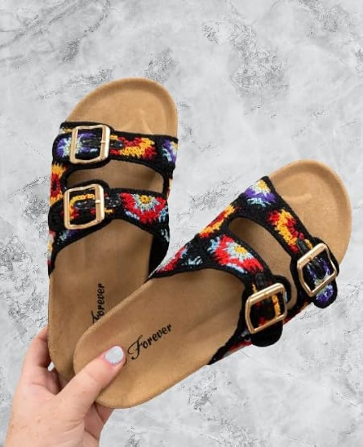 Amazon.com | Women's Double Buckle Floral Crochet Cork Flat