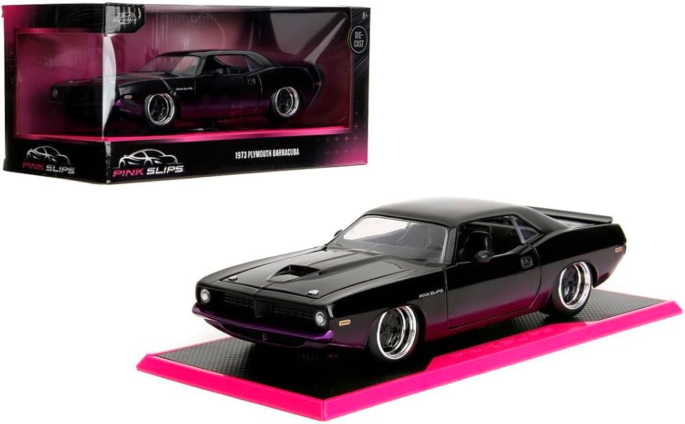 JADA Pink Slips 1:24-1973 Plymouth Cuda, Die-Cast Car with Base