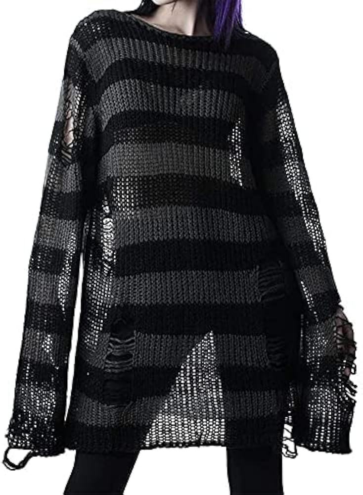 Y2K Goth Distressed Striped Sweater Oversized Fairy Grunge Ripped