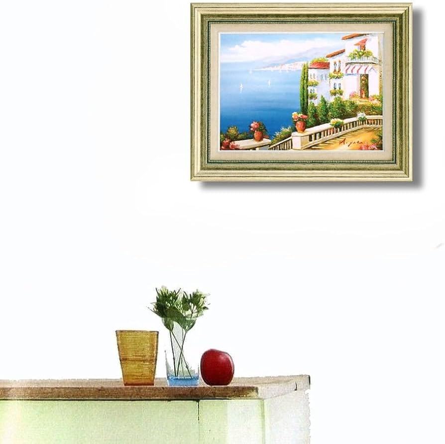 Amazon.co.jp: 矢田晃 青い海のテラス F6号 受注制作 油彩画 油絵 風景