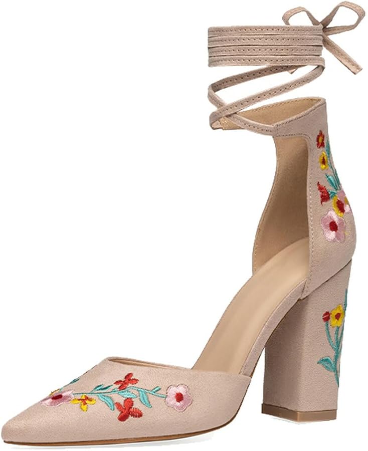 Amazon.com: DINTAHA Nude Floral Embroidered Heels,Lace Up Heels