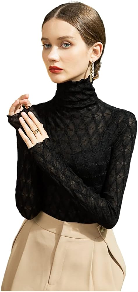 Women's Long Sleeve Bodycon Turtleneck Tees Top Lace Sexy See