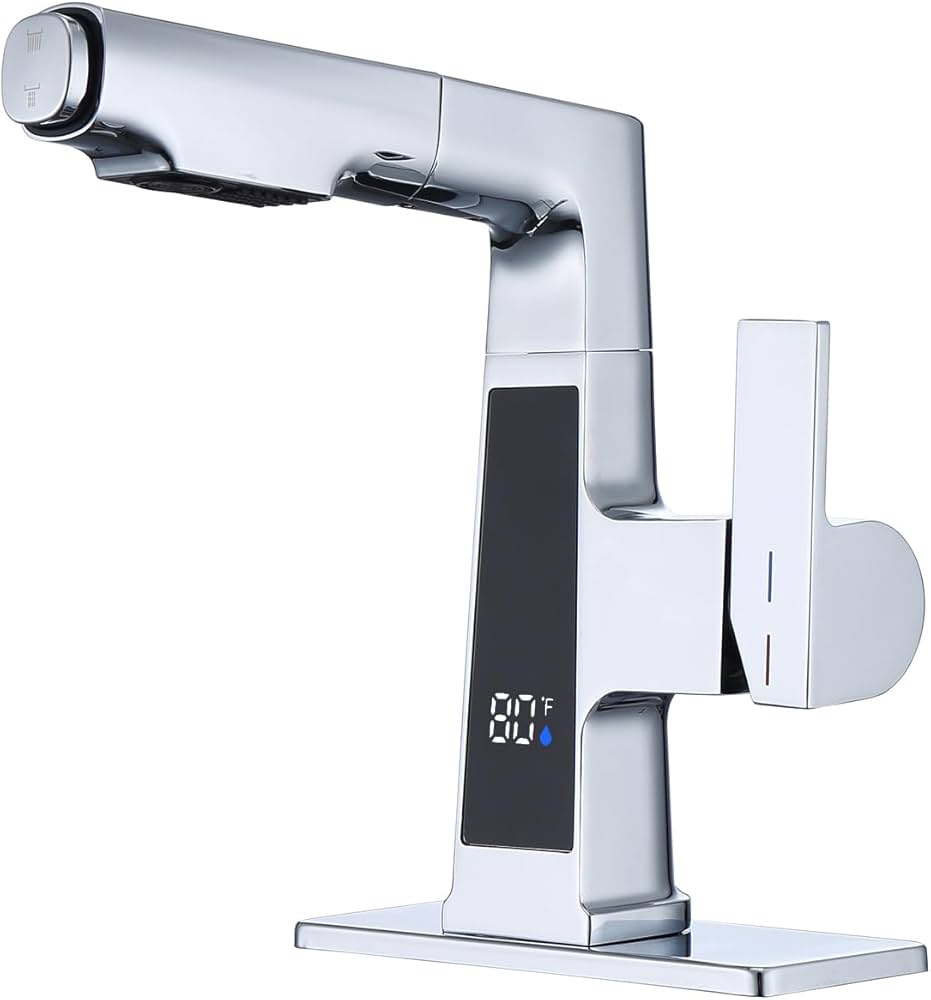 Zexzen Polished Chrome Bathroom Faucet,Pull-Out Sprayer, LED