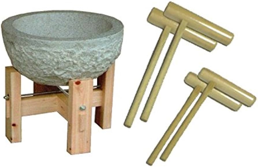 Amazon｜石臼餅つきセット(石臼・木製台3升用、杵:大人用2本,子供用2