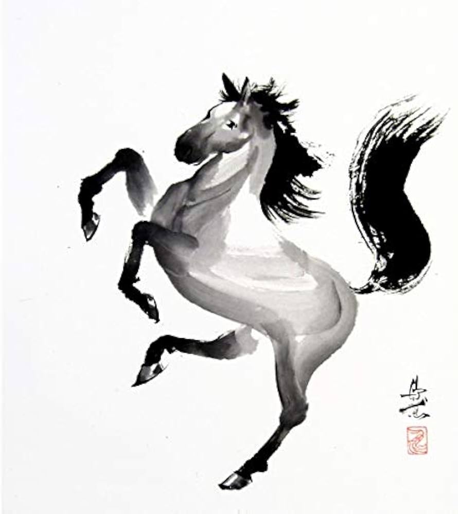 Amazon.co.jp: 西村欣魚『跳馬』日本画 動物画 うま 午 干支 十二支