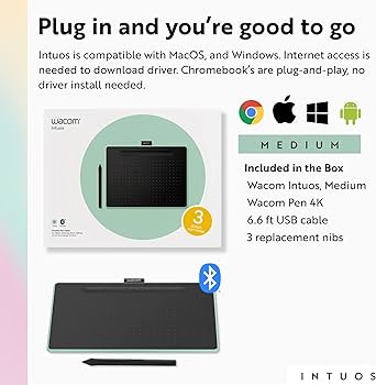 Wacom Intuos Medium Bluetooth Graphics Drawing Tablet, Portable