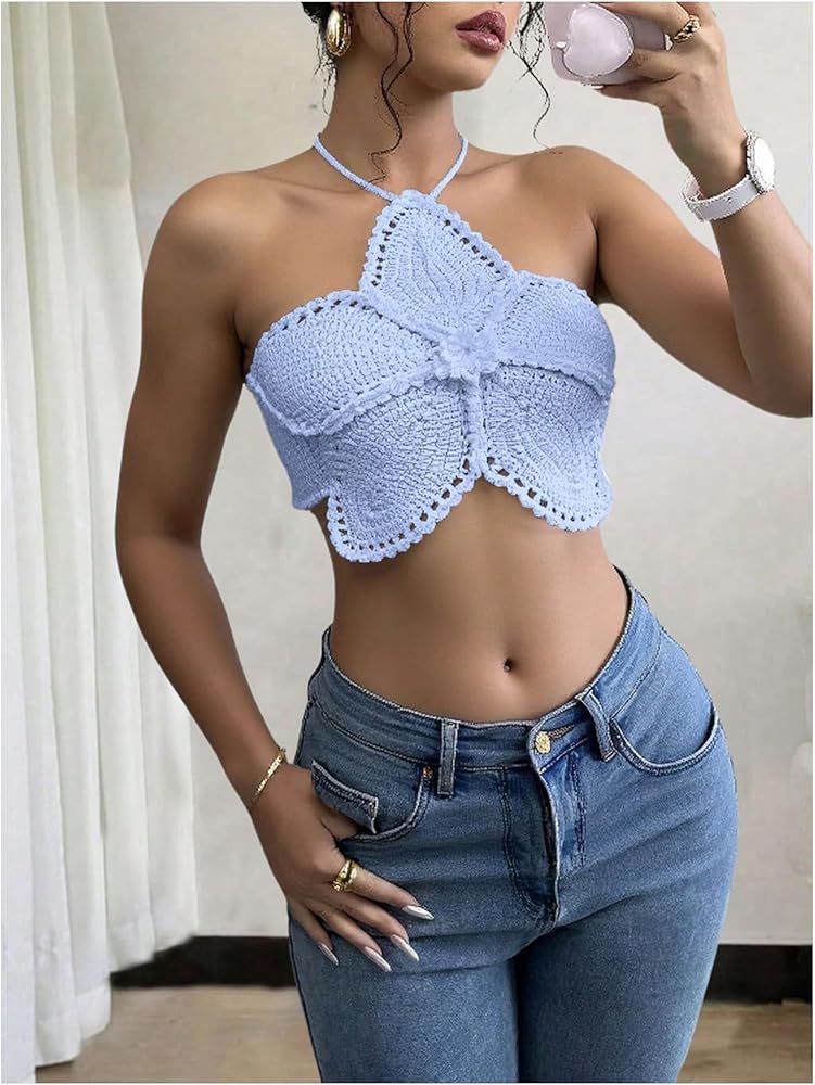 Milumia Women's Floral Crochet Beach Halter Top Y2k Tie Back