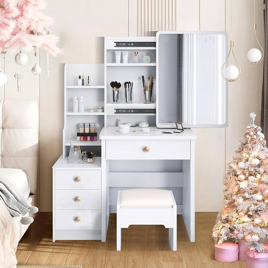 Amazon｜ドレッサー 化粧台 コンパクト ホワイト スツール付き 鏡台 大