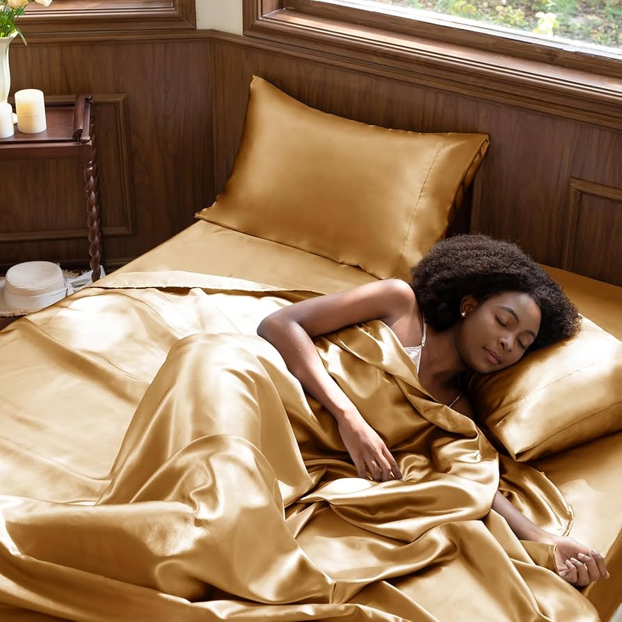 Amazon｜CozyLux サテンシーツ キングサイズ - ゴールドベッドシーツ4