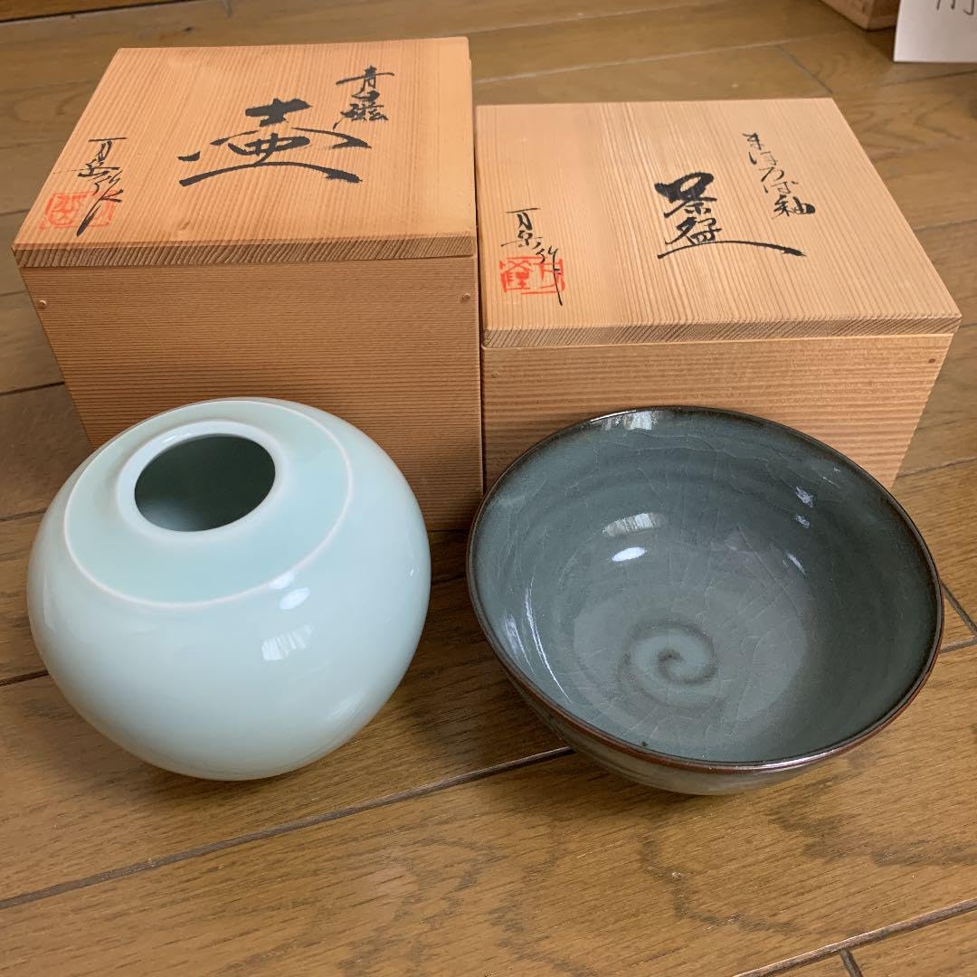 Amazon.co.jp: ⑦ 松本城御用窯六代目陶工 木村万岳作 青白磁 茶碗