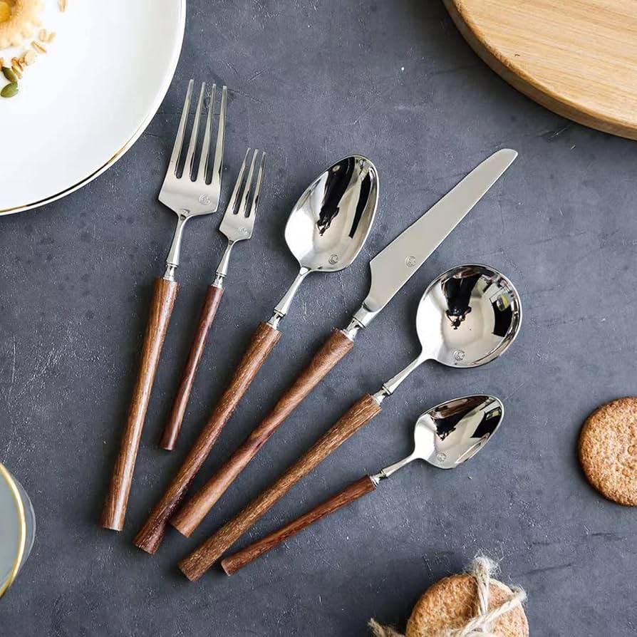Amazon | 木製ハンドル食器6点セット ステンレススチール銀食器セット