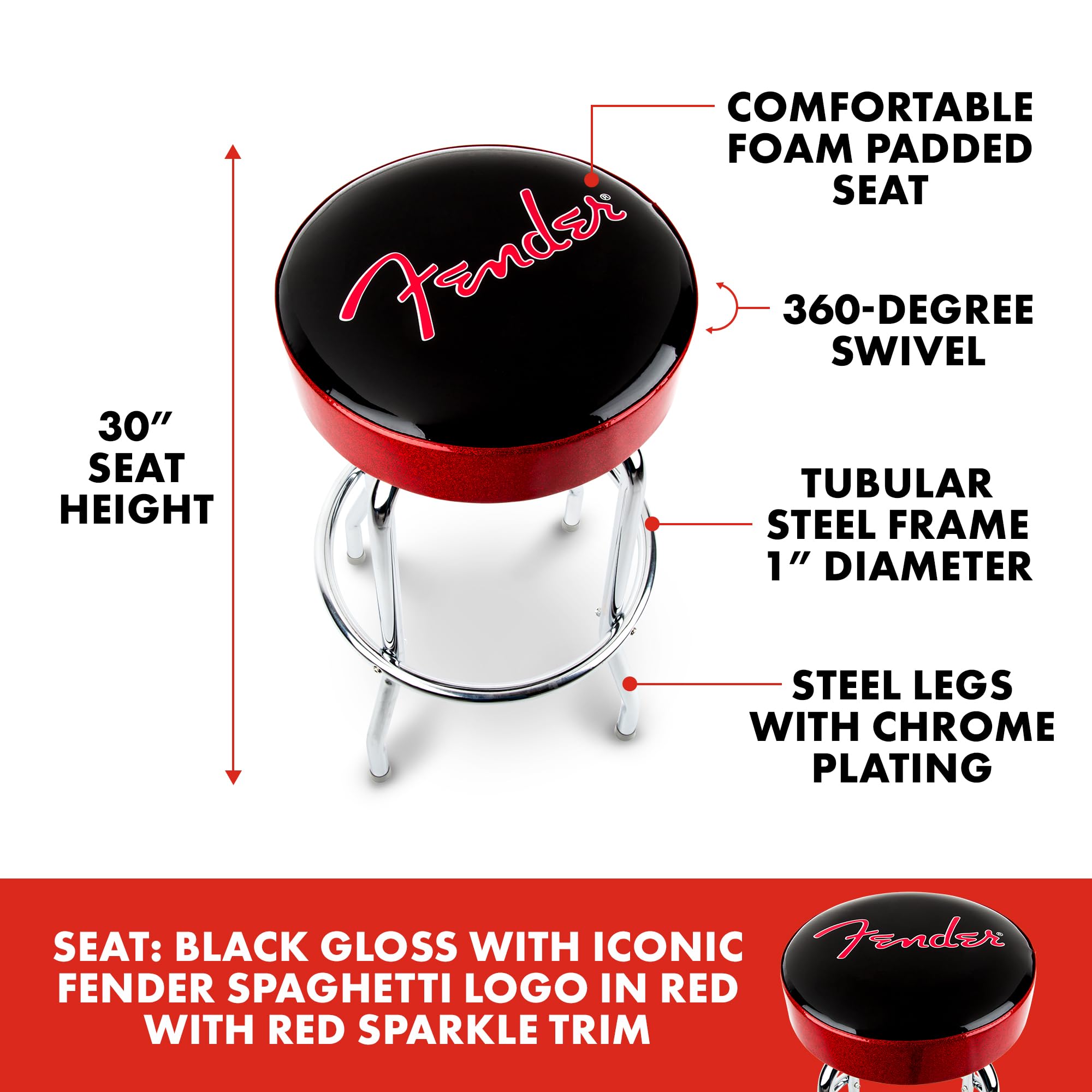 Amazon｜Fender/Red Sparkle Logo Barstool Black/Red Sparkle 30 inch